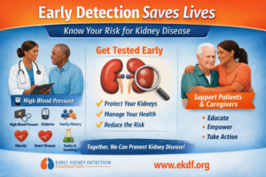 Early detection saves lives infographic promoting kidney health awareness and early screening from the Early Kidney Detection Foundation.