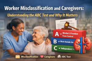 Graphic illustrating worker misclassification, caregiving work, the ABC test, and kidney health support for patients.